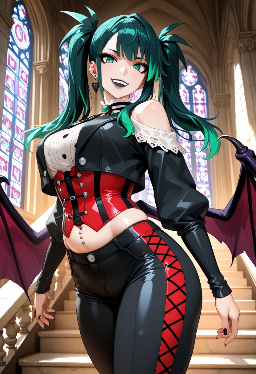 ((masterpiece)), (best quality), (ultra-detailed), best artist, realistic, 4k wallpaper, detailed face, 1girl, (sexy), erotic, ((morrigan_aensland_aiwaifu)), green_eyes, (long hair, green hair, bangs), demon girl, head wings, wings, animal print, bat wings, purple legwear, print legwear, bat print, black footwear, bat print, bridal gauntlets, black wings, orange gloves, gloves, (thong leotard, highleg leotard, latex leotard, cleavage, black leotard, highleg, clothing cutout, cutout above navel), purple wings, heart cutout, low wings, bat, demon wings, feather trim, koakuma, thighs, collarbone, bare shoulders, (pantyhose:1.2), (makeup, parted lips, seductive smiling), large breasts, thick thighs, (mature adult:1.5), skindentation, standing, cowboy shot, looking at viewer, indoors, oiled skin:0.4, (shiny skin), ((correct composition)), <lora:GAME_morrigan_aensland_aiwaifu-10:0.8>