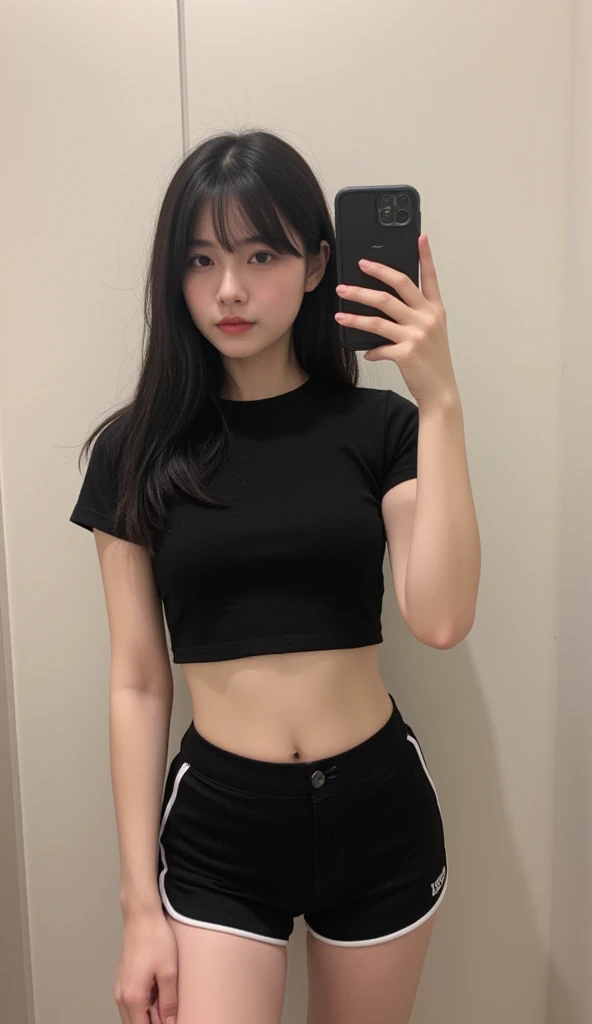 （Highly detailed body，Highly detailed face，very best quality：1.2） ，a woman with，Look at viewers，beautiful Korean young girl, 20 years old girl, skinny slim body (visible to see her ribs and bones clearly),her arms, legs and thighs are slim, she has beautiful tight round perfect breast and tight round beautiful perfect butt, she has pale and soft skin,（Black bandeau top，JK short skirt，outside shirt,Top and skirt details：1.2），（Background room：1.4）(Medium breast1.2)