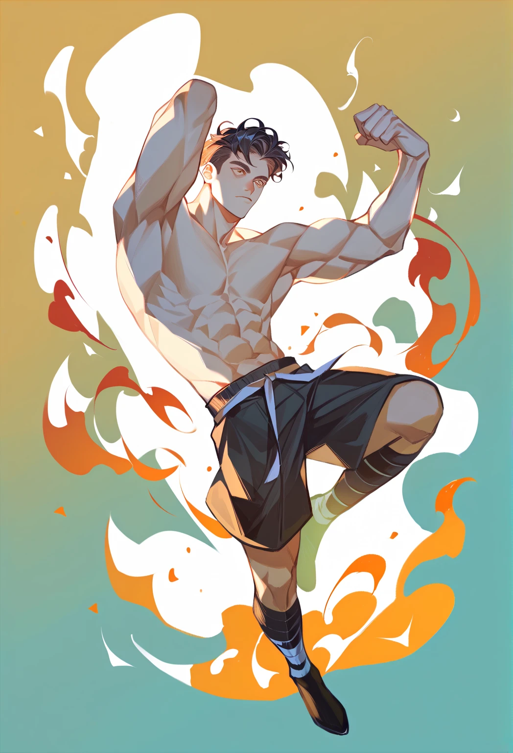 an epic detailed llustration of Chris Redfield, shirtless, cosmic atmosphere, wearing a small string white jockstrap, in a style of surrealism, both arms are above his head, hairy chest. he is wrapped in straps of gold, wearing a small string white jockstrap, with abstract fire elements, wearing a white small white jockstrap.