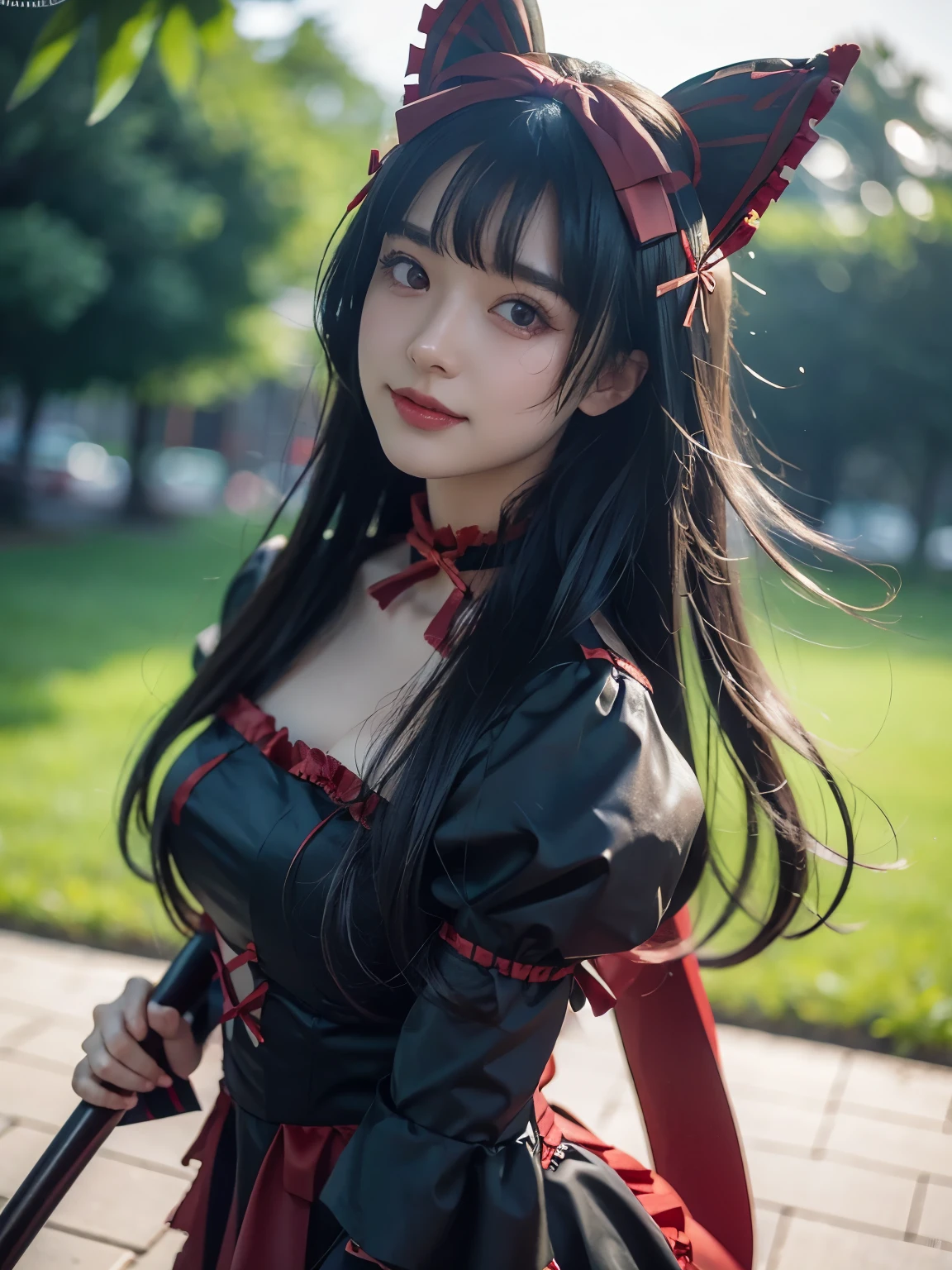 masterpiece, high resolution, 1 girl, beautiful girl in red dress with black hair and red bow, seductive beautiful girl, beautiful girl, photoshoot style 4k, attractive beautiful girl, pretty beautiful girl, beautiful reallistic woman, photoshoot style. 8k, cute girl, beautiful girl detailed, beautiful reallistic portrait, cute girl, 4k beautiful wallpaper, big breast, large breast, details breast, breast detailed, smiling expression, eyes detailed,