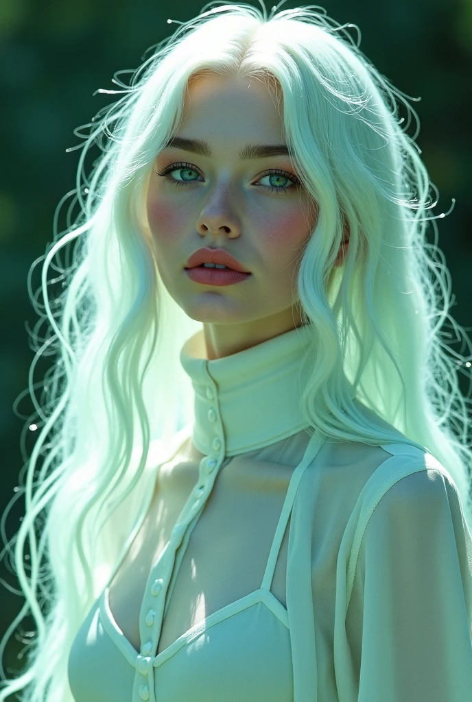 A green-eyed girl with a beauty mark under the corner of her lips on the right. Long white hair that reaches down to her back with green tips of the same color as her eyes. Her hair is straight and a strand on her face And a beautiful red dress.