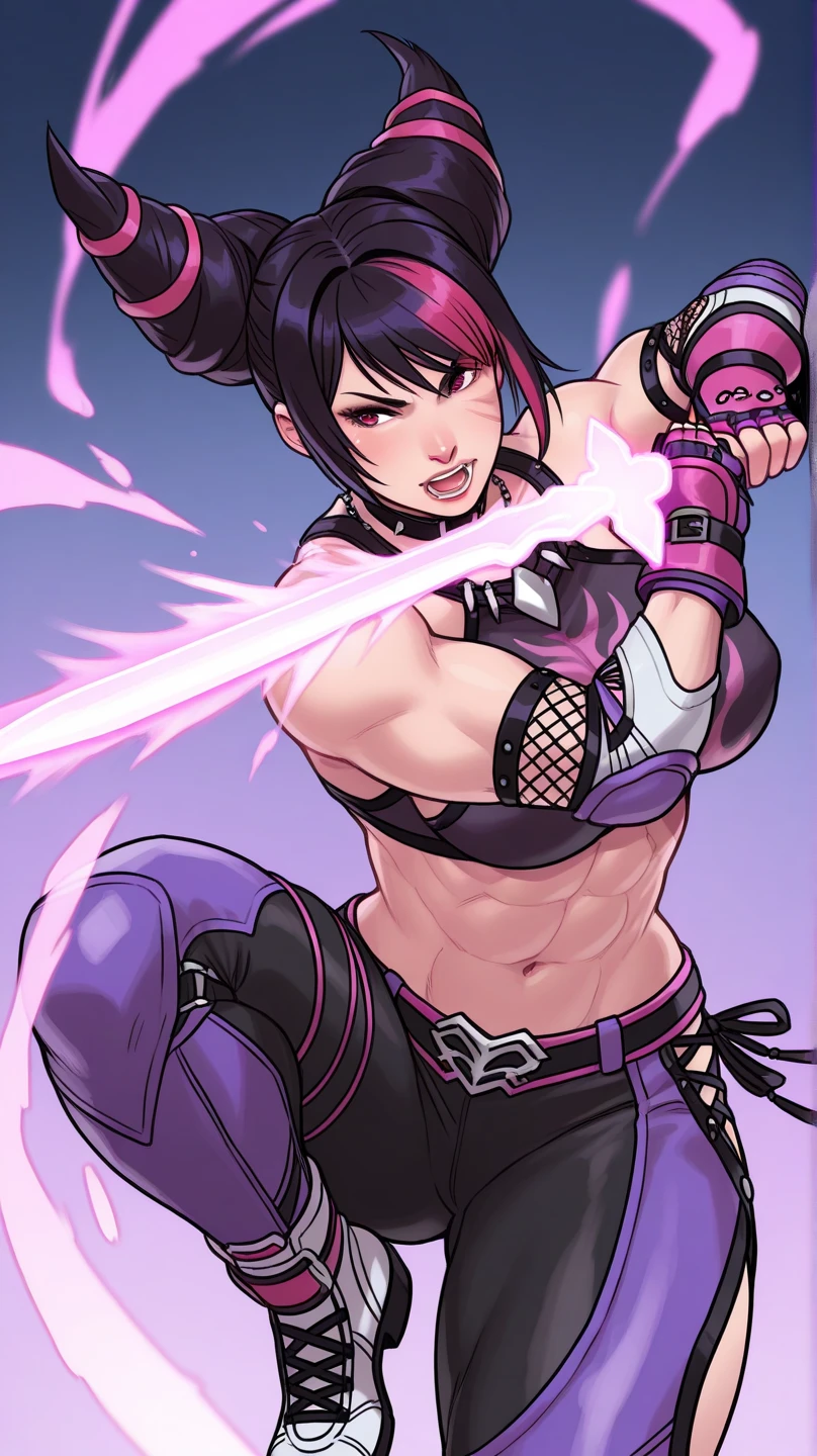 JURIMS, SFIV, Juri Han, detailed face and eyes, beautiful purple iris, hair horns, extremely delicate lips, barefoot, body, medium breasts, purple eyes, long eyelashes, thick eyelashes, 8k uhd, HDR, extremely detailed CGunity 8k wallpaper, (8k), (4k), On all four, Emphasis on the butt, White Lingerie, Wet Pussy, Big Ass, No Bra