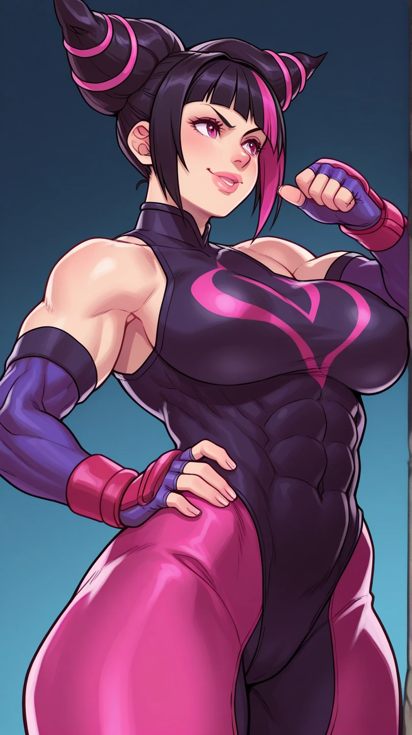 Full body image of Juri Han from Street Fighter 6, wearing her original outfit (purple and black bodysuit with pink accents, high boots, and fingerless gloves), short black hair styled in twin buns, female body, athletic and flexible body, dynamic pose, detailed pose, simple background, expressive face showing a mischievous grin, focus on face, line art, sketch.