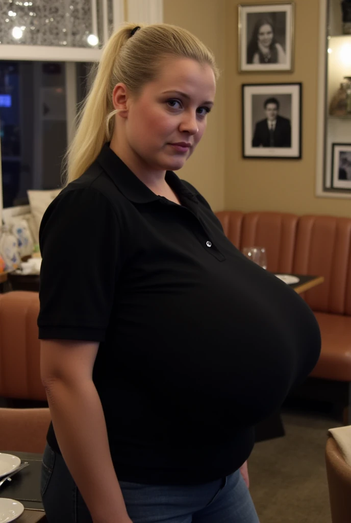 A happy/excited detailed photo of a Beautiful ginger architect SSBBW, with long wavy ginger hair, with big soft fat belly, in a cute top, sitting at a table in a beautiful authentic italian restaurant, there is a huge pizza ahead of her, she is sitting on a chair behind a table and pizza