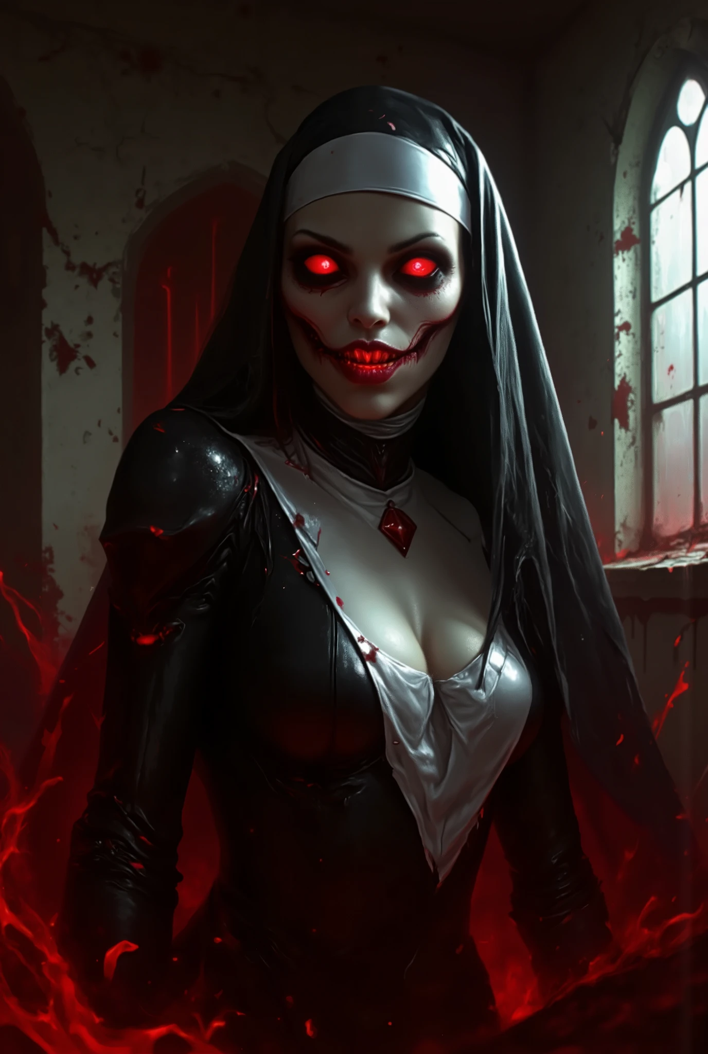 Evil Nun, sharp teeth, glowing red Demonic eyes, blood, dilapidated, lot's of blood, gloomy, surreal horror, abandoned Gothic church background, sexy, seductive, high detail, masterpiece.