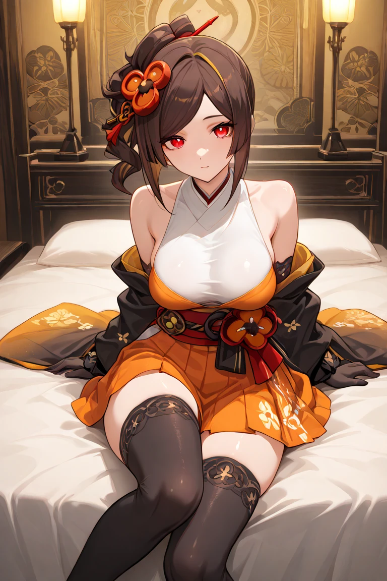 a woman with a half-human, half-kitsune body, large breasts and a voluminous body with eyes on one side red and on the other yellow, with a red kimono with yellow flowers expression blushing in a house sitting a pillow in anime style