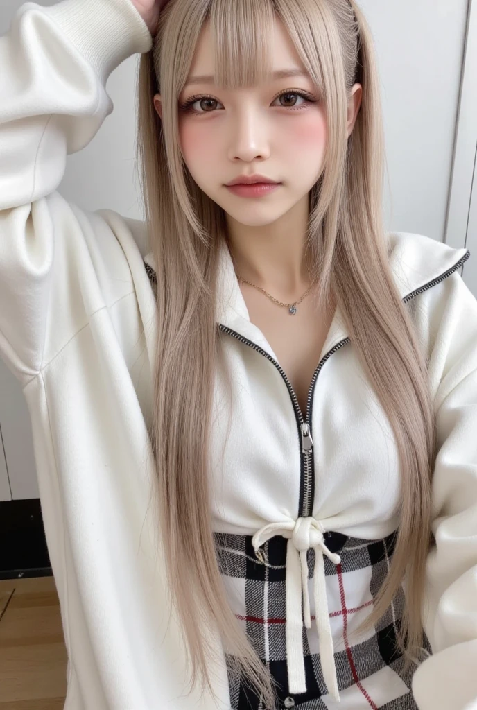 4K、Raw photo、Photoreal Stick、hight resolution , An 18-year-old woman、Face like an idol、((huge breasts1.6)),Blonde long straight hair、With bangs、White hoodie、Looking at the camera、cafe terrace、Looking at the camera、Drink iced tea with a smile