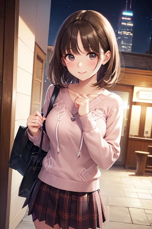 anegasaki nene、Shiny brown hair, short hair, (Beautiful brown eyes、Sparkling eyes, Fine grain)、smile、Super detailedな目、Very detailed顔, Very detailed目,

(masterpiece:1.3, Highest quality, 超High resolution, Super detailed), 
very cute and beautiful girl,(Very exquisite beautiful face and eyes),
(smile:1.2),blush,shy,View your viewers,(argyle pattern sweater),Cowboy Shot,(White and pink checkered skirt),
Standing in front of the hotel entrance in the modern capital,night,carrying a tote bag,
(Highest quality,masterpiece),Absurd,High resolution,Very detailed,Very detailed,32K,8k resolution,
Intricate details,Movie Scenes,Detailed Background,alone,Dynamic Angle,Realistic,
