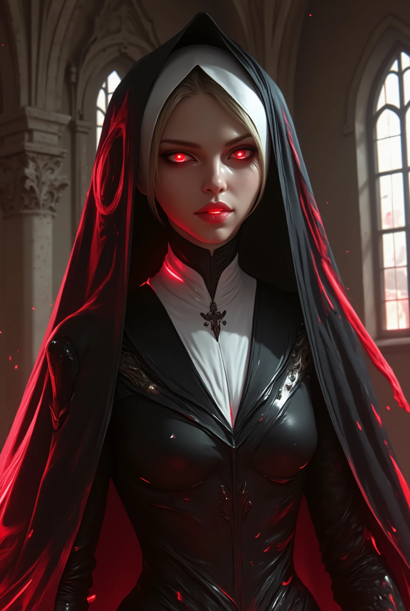 Evil Nun, sharp teeth, glowing red Demonic eyes, blood, dilapidated, lot's of blood, gloomy, surreal horror, abandoned Gothic church background, sexy, seductive, high detail, masterpiece.