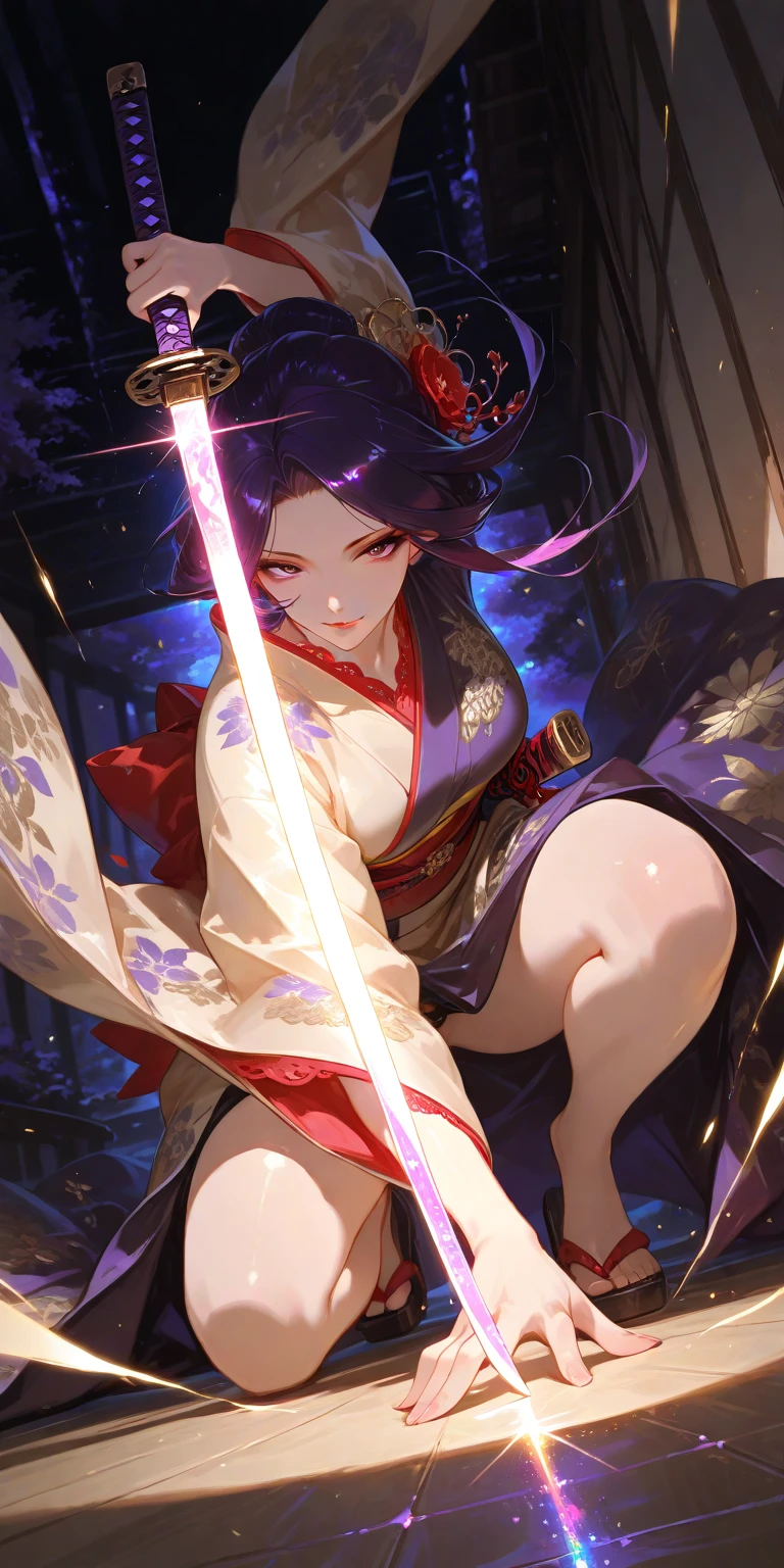 keqing_\(genshin_impact\), hiten kei style, detailed background, masterpiece, hyper realistic, realistic skin, best quality, 1girl, lakeside, medium breasts, huge nipples, erect nipples, looking at another, topless, full body, vector illustration, nipples, light smile, blunt bangs, long hair, stomach, navel, bare shoulders, purple hair, twintails, wet, soaked, raining, sarong, loincloth, black pantyhose, red tassel, magnolia leaves, autumn, sky, hands up, arched back, stretching, open mouth, bored, waterfalls, cliffs, falling leaves, resting, holding a sword, wet body, posing