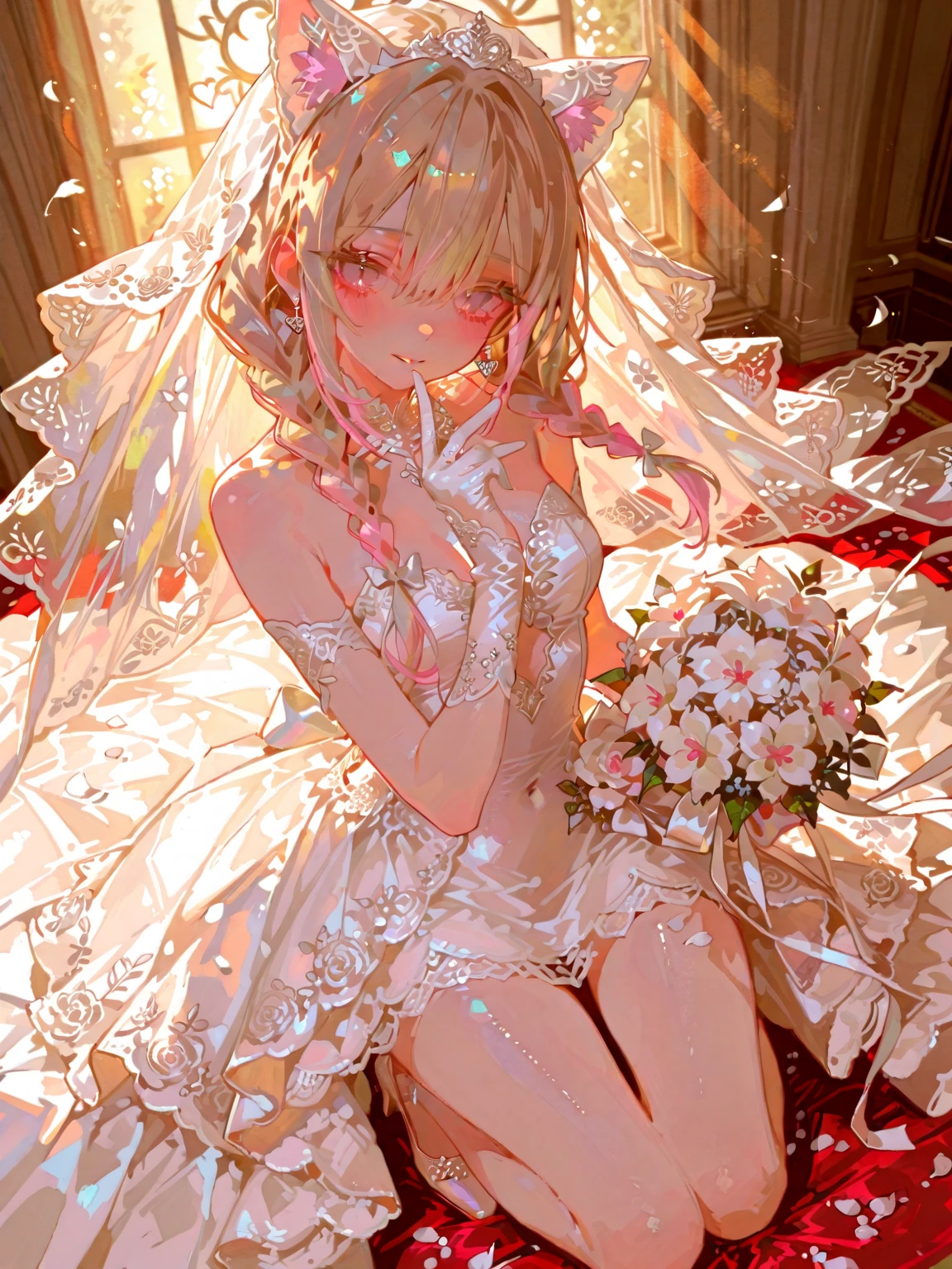 masterpiece, <lora:nakanoIchika_nakanoIchika21:0.51>, nakano ichika (the quintessential quintuplets), (finely detailed beautiful eyes:1.4), aesthetic, best quality, detailed background, (looking different directions:1.2), church, light through windows, wedding bouquet, (1girl:2.0), (solo:2.0), (alone:2.0), deep purple eyes, blue eyes, focus on girl, wedding veil, flower petals, bright shining lights, wedding ring, flowers in hair, wedding dress, cleavage, light pink hair, short hair, straight hair, straight cut hair, earrings, nail art, fashionable, sexy, beaufitul, makeup, eyeliner, long eyelashes, looking at viewer, showing wedding ring, red lipstick, (very detailed faces in the background), depth of field