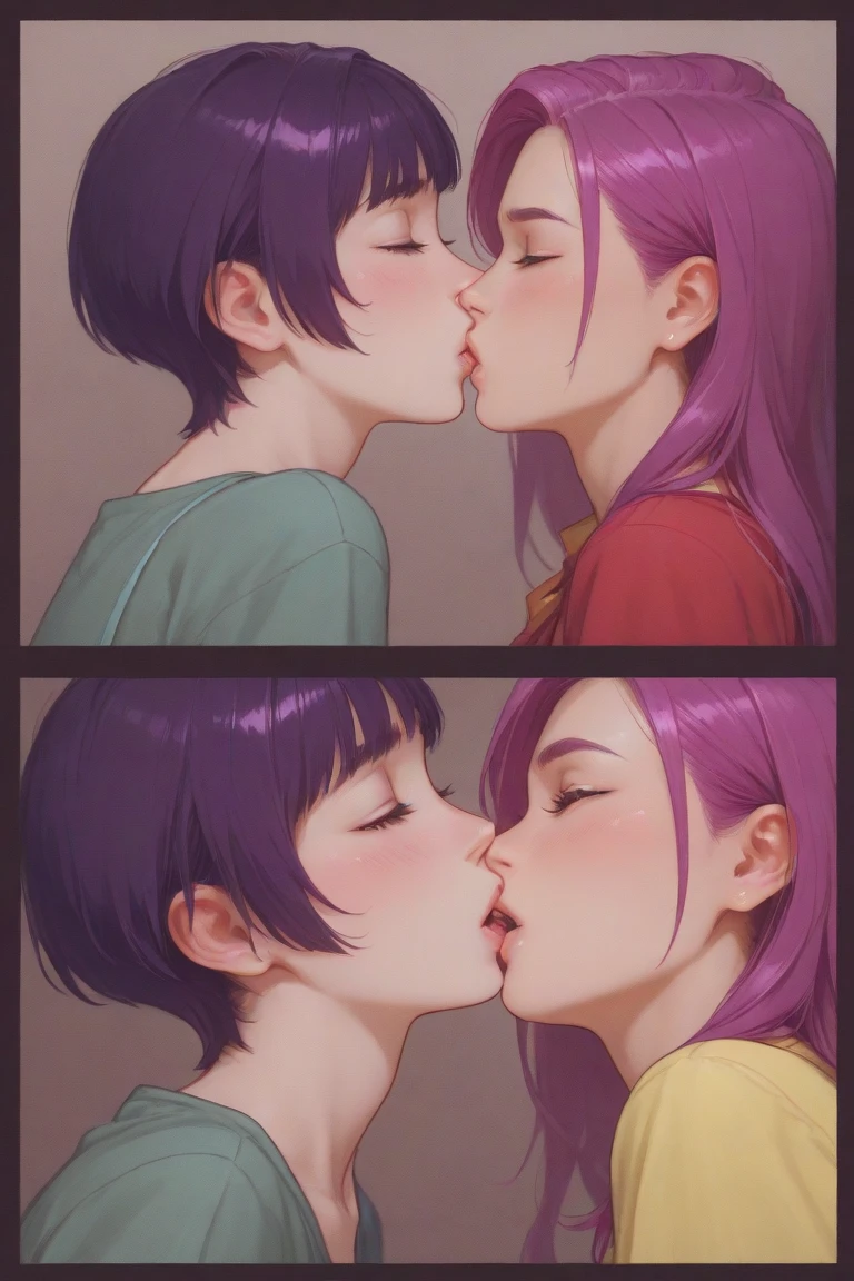 Two women，A short blue haircut，A short pink hair，Kiss each other。