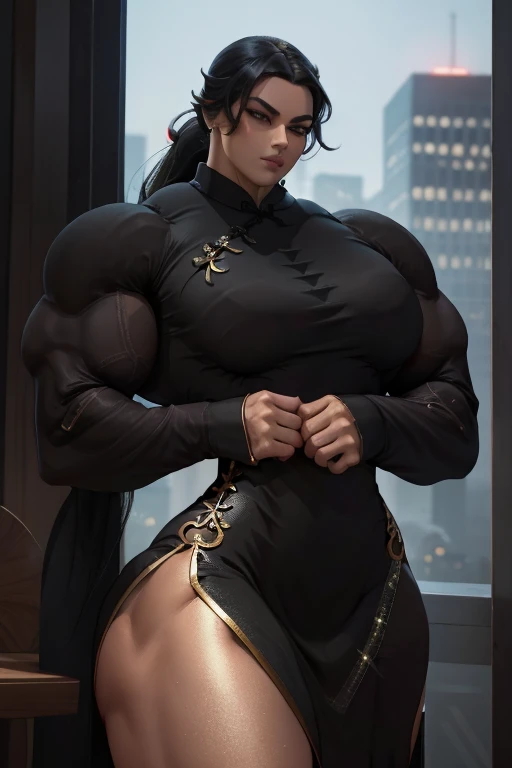 Cleopatra with extreme muscular body, gigantic muscular arms, gigantic muscular tights, ninja outfit with fishnet catsuit, fair skin, black hair with ponytail and gigantic breasts.