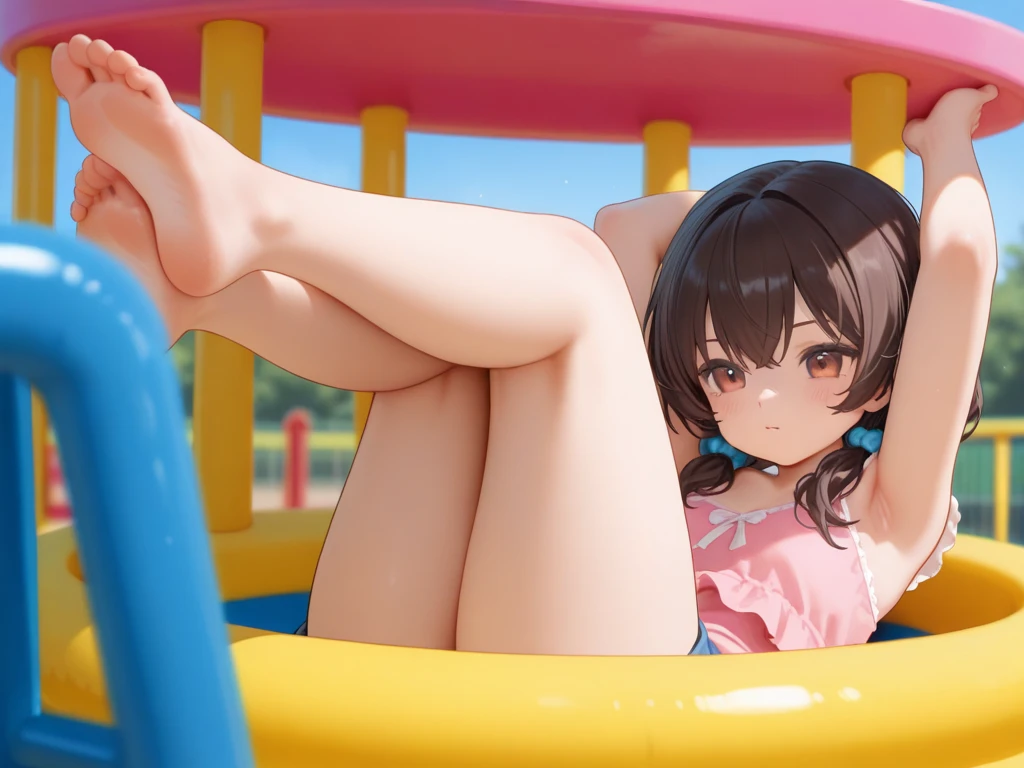 (Hires), (1girl), (18yo), (adult body), (adult body ratio), (cute school girl), (smiling gently), (wind blowing), (spreading legs), (looking at the viewer), (shot from below), (breast gap), (butt cheek), (cameltoe), (white v-cut underwear), (blushed face), (detailed skin), (bodyhair:0.5)