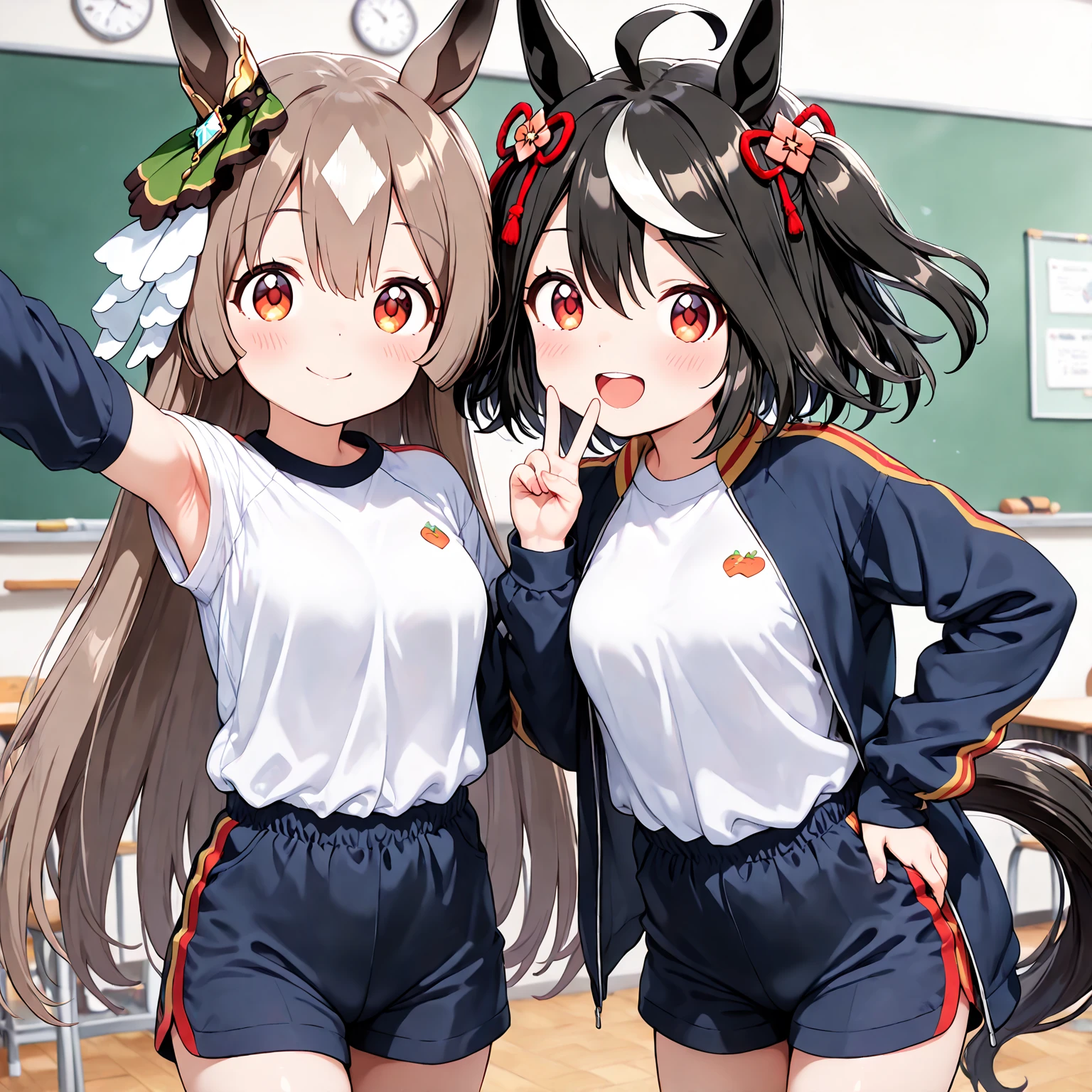 masterpiece, best quality, 2girl, multiple girls, long_hair, looking_at_viewer, blush, smile, standing, outdoors, miniskirt, thighhighs, shirt, long_hair, bangs, black_hair, ribbon, hair_between_eyes, bare_shoulders, twintails, brown_eyes, very_long_hair, closed_mouth, green_eyes, standing,<lora:aak-000020:1>