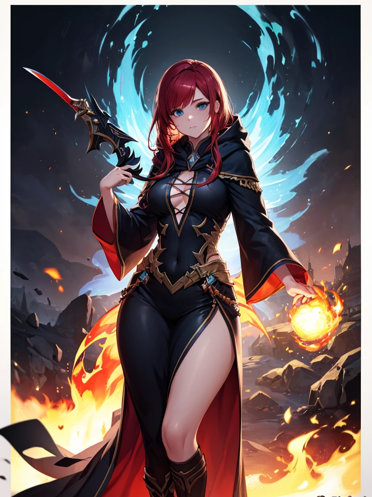 a red-haired woman with yellow eyes with fire powers who wears a black dress with gold in mlbb style