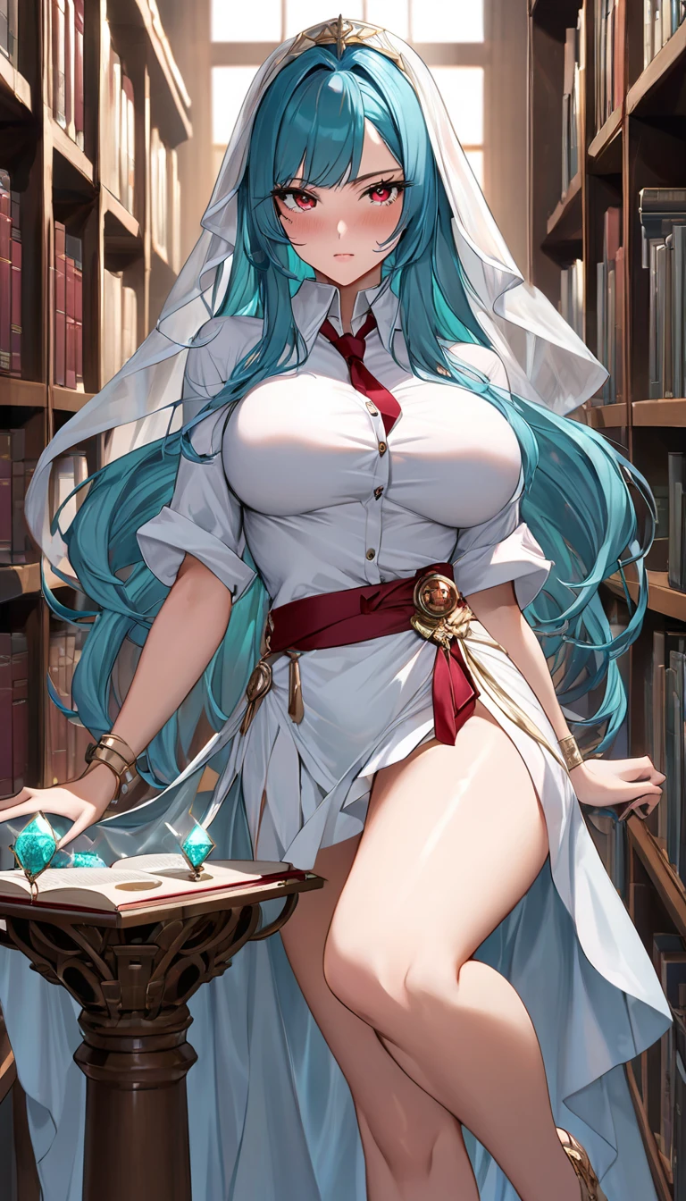 1girl, (librarian in heaven), navel up shot, standing, (voluptuous lips), smiling quietly, intellectual and serious expression, natural cheek, super beautiful, perfect body, medium breast, thin eyebrows,　skinny body,  top quality, wearing a sacred white long sleeve dress with a lot of frill, complicated pattern fabric, glossy jewerly on its trims, extra long hair, pale green hair, straight, straight bangs, large glossy barrette on her head, at a huge library with a lot of bookshelf, sunny outside the window, 8k, ultra detailed, masterpiece,
