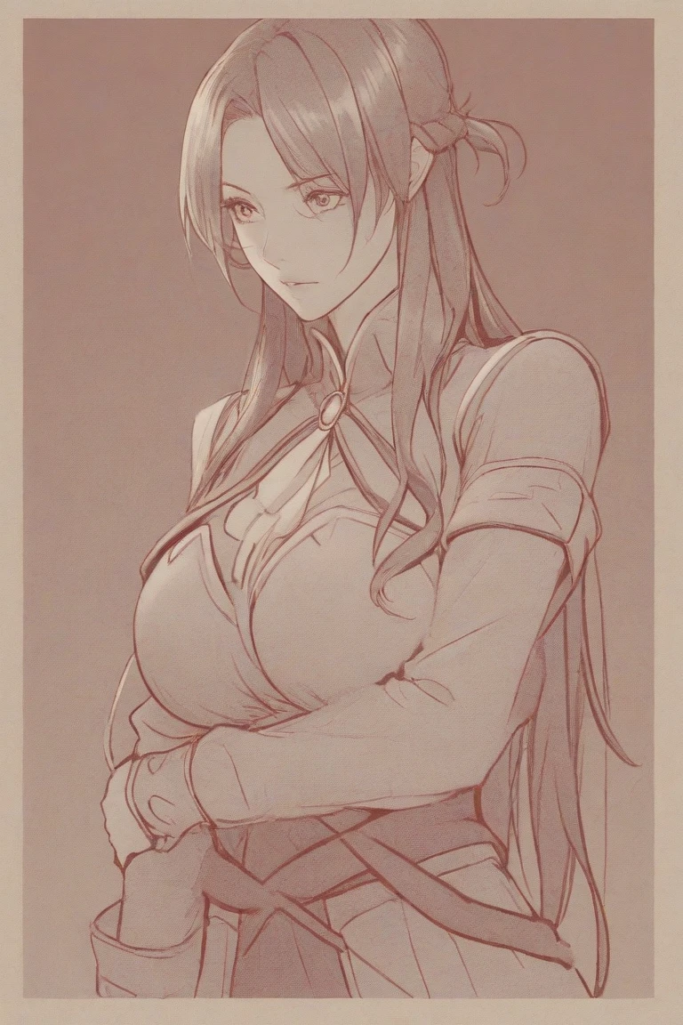 (1woman,20s,mature female),solo,red hair,long hair,cleavage,high ponytail,oni horns,serious,governant outfit,cowboy shot,(white background,line drawing),dinamic pose