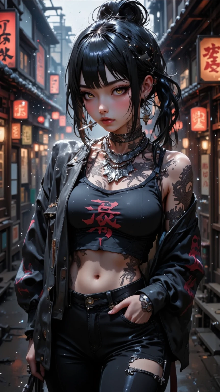 Highest quality、、masterpiece：1.3、Gothic Punk、red inside、Gray Black Hair、hair ornaments、beautiful girl、creative、Punk Shirt、Neogoth、Goth Fashion：1.2、High resolution、masterpiece、Highest quality、頭w:1.3、((Hasselblad Photos))、Fine skin、Sharp focus、(Cinema Lighting)、Explore Tokyo&#39;The city at night beyond the neon lights, Forehead open, 29-year-old、Petting&#39;Hair back、Shoulder Bare、Small red rose tattoo on the décolletage