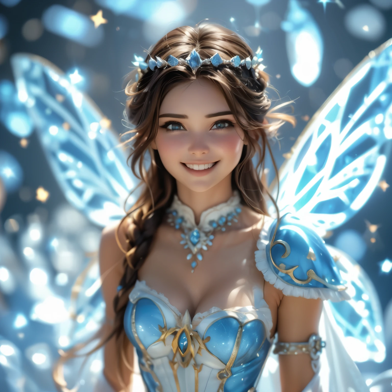Megan Williams, ultra detailed face, blue eyes, long hair, pointy ears, (((huge wings, fairy, masterpiece, smiling)))