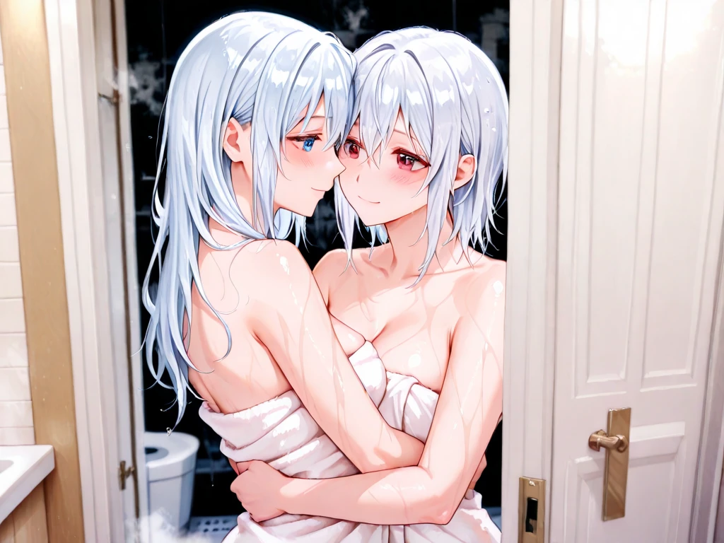 Two Girls,slender,naked,Small breasts,Flat Chest,Long Hair,White Hair,Red Eyes,Embrace each other,kiss,激しいkiss,Sweating profusely,saliva,White haze,Bathroom,Wet,shower.orgasm,Angle close to the face,