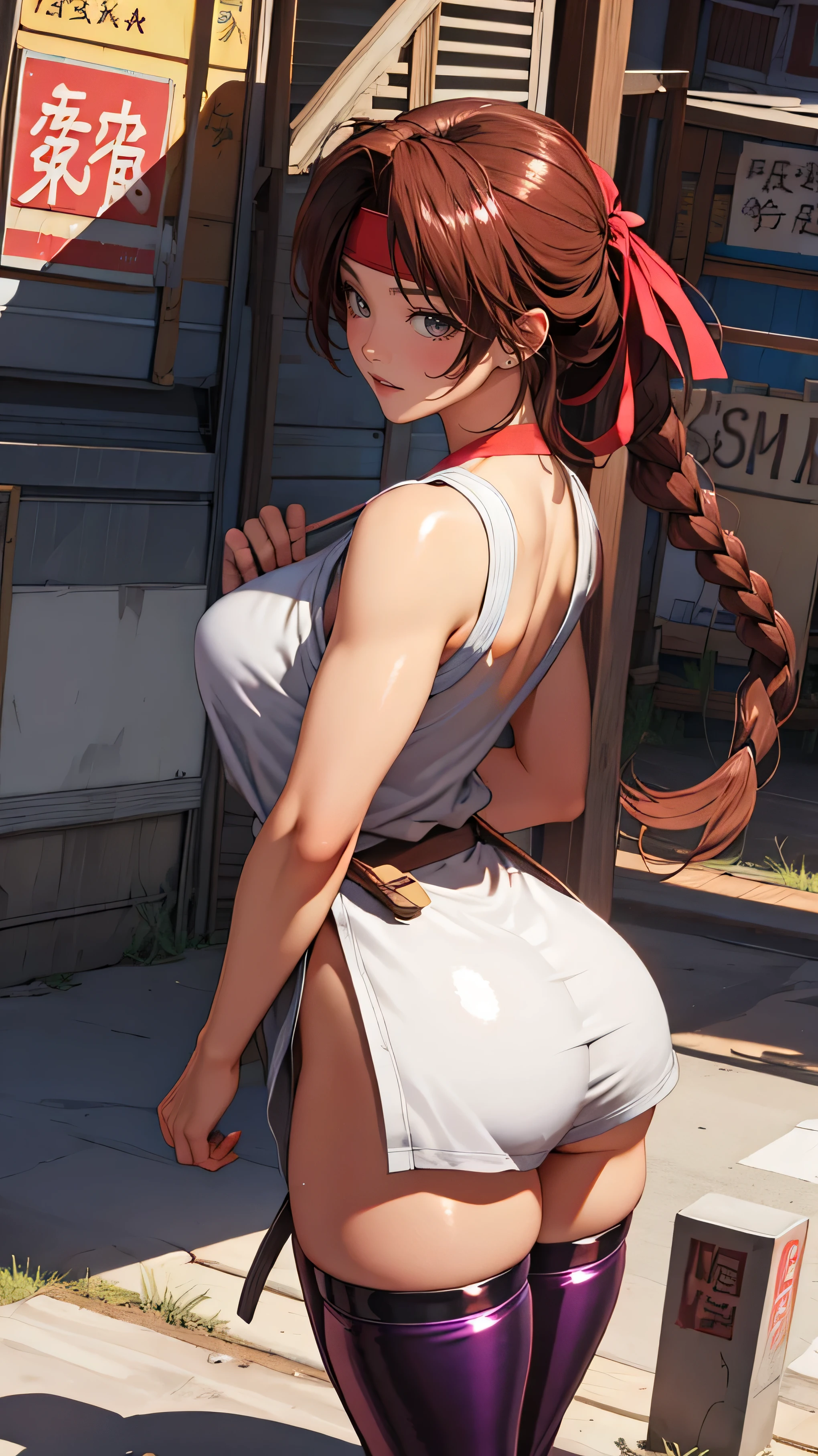 (masterpiece, Highest Quality, high definition , 8K Wallpaper, very detailed CG:1), high definition headband, , thighhighsocs, Butt Under Pants,rear view、big butt、 sexy、(smug:1.3)、 Big breasts ,(shiny skin:1.5),