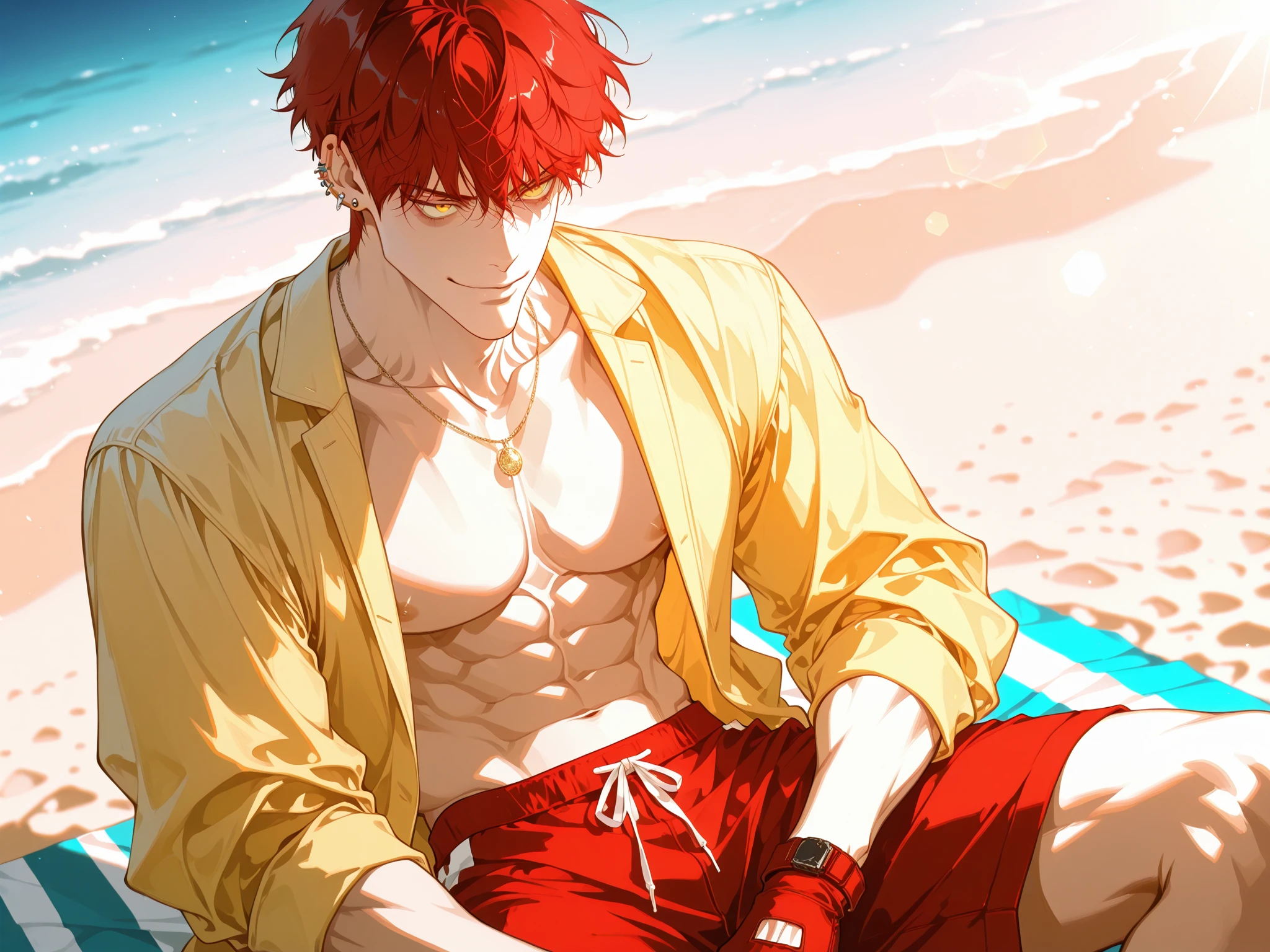 (absurdres, highres, ultra detailed), masterpiece, best quality, a boy with beach, solo, very short hair, red hair, handsome, finely eye and detailed face, open shirt, swim trunks, full body, real shadow, look away