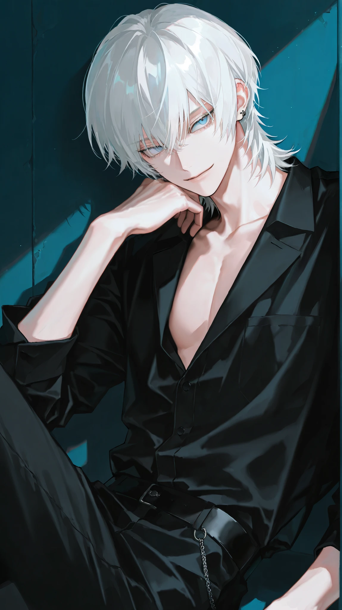 One Man, Solo , male , white hair , Wolf Cut , , blue eyes , Smile , fashionable , handsome , pretty face , detailed faces with ofisu ,Slender body , modern , Black Clothes ,
