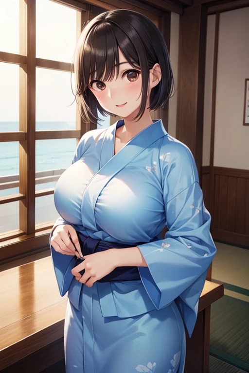 1girl, kaga \(kancolle\), kantai collection, kujou ichiso, open kimono, off shoulder, cleavage, blush, blue kimono, print kimono, floral print, long sleeves, wide sleeves, furisode, obi, yellow bow, hair ornament, hair flower, side ponytail, brown eyes, brown hair, large breasts, indoors, on bed, sitting, natural lighting, (masterpiece, best quality), outdoors, detailed scenery, (3d render:0.4), highly detailed, finely detailed <lora:kaga_ny_animaginexl_2-14:0.7>