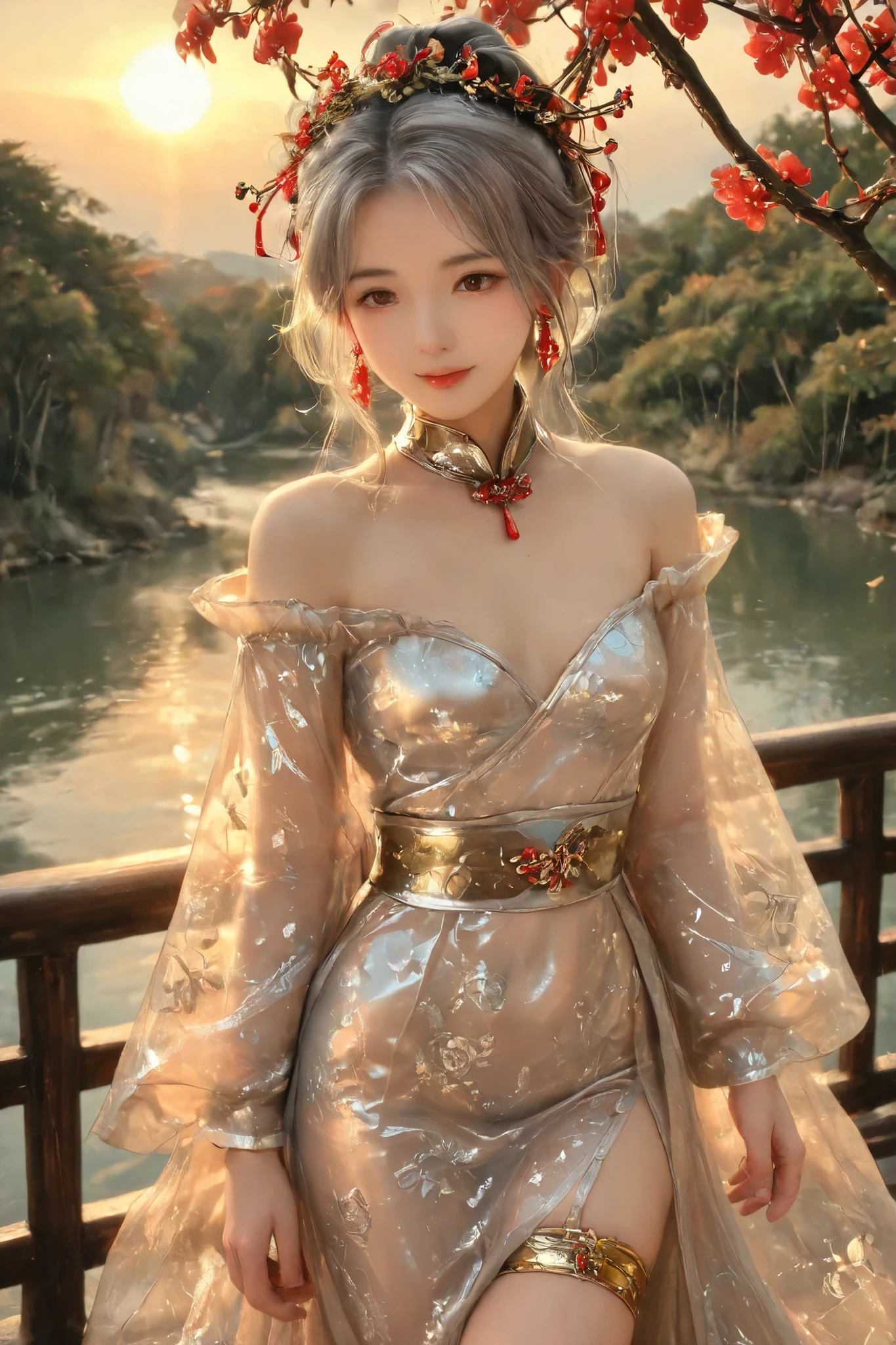 score_9, score_8_up, score_7_up, score_6_up, 1girl,danhuajuan,(Chinese girl,silver hair,beautiful eyes),long dress,long sleeves,clear plastic dress with floral pattern, lots of frills, Luxurious, off-shoulder clear plastic dress with gold patterns: 1.6, round breasts, green eyes, long gold hair braided,( Hair pin,Transparent Latex jacket with a flower crown on her head,earrings, hair clip,Metal collar,thigh bands,Clear plastic underware),Metal high-heels,The transparent latex belt is very tight around the waist ),Dynamic poses,(Beautiful smile),((Nipple erection:0.8)),Look away, ashamed,(Standing under the plum tree by the river, the plum blossoms are swaying,sunset.), full view from the side at 45 degrees.