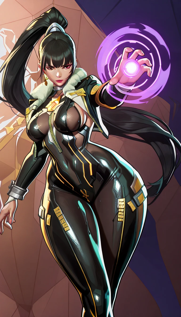 Superhero ("Sarah Hyland") wearing silver costume, athletic body, straight black hair, thick eyebrows, voluptuous muscular body