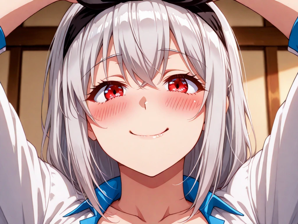 One Girl, cute, naive, 18-year-old, beauty, shy, Idol, Gray Hair, Red eyes, Charm, Embarrassing, indoor, Anime Style, Sexy Body, Blowjob, nude, fellatio