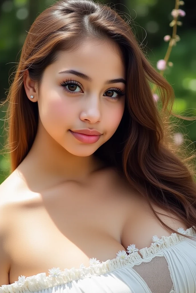 Beautiful woman, dark complexion, mix 4, pink and blue sleeveless sweater, pillow, oval eyes, slim facial features, lips, open mouth, realistic, photo_\(medium\), solo, (masterpiece), (photorealistic: 1.3), ultra detailed, (high detail) skin: 1.2), (best quality: 1.0), (ultra high resolution: 1.0), (Orchan-6500: 0.3), wavy detailed hair, long hair, pink highlights, sunshine, (beautiful detailed makeup), cleavage, smiling suggestively, pink and blu panties