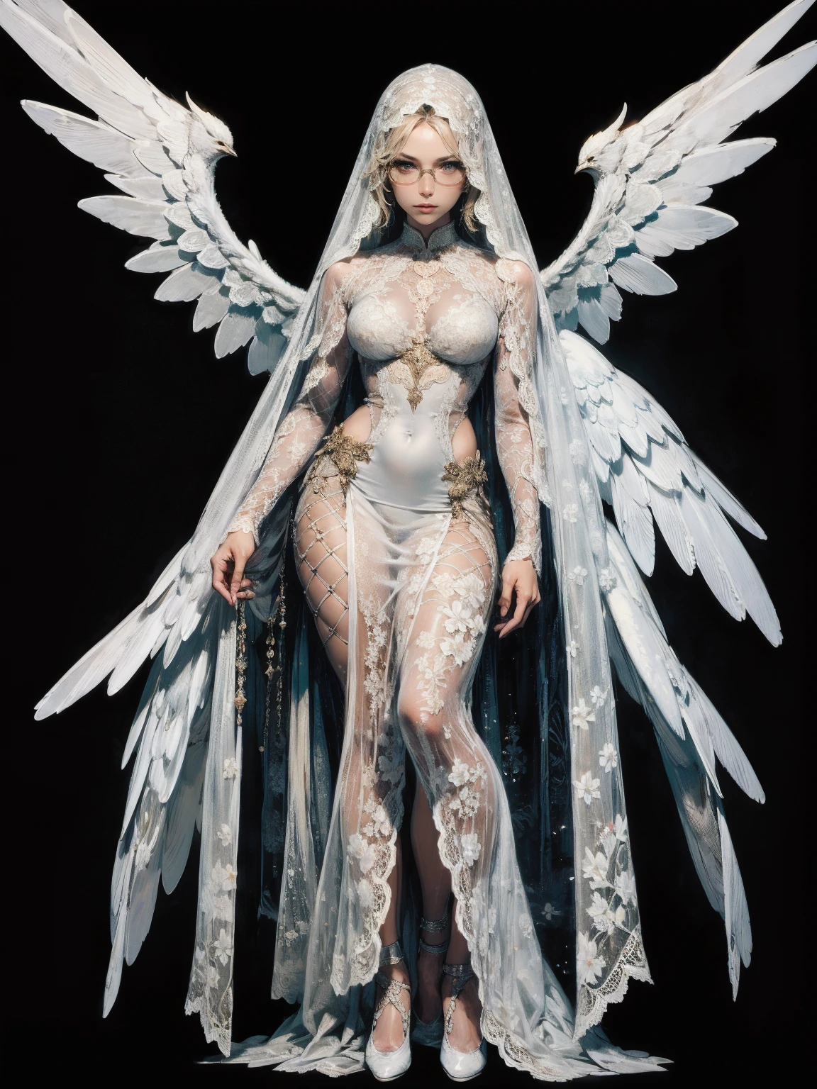 female, white wavy hair, wings white feathery, veil, lace, silk, full body, healing magic, crown 