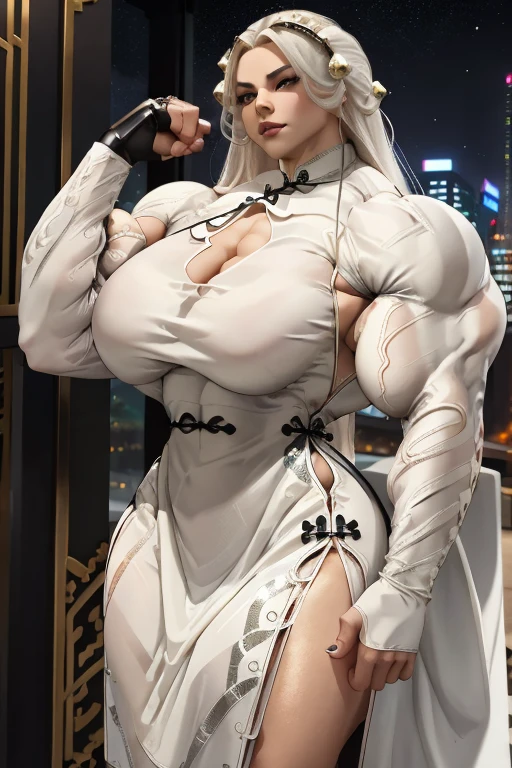(((((Massive tall, beautiful, buff, light brown skinned muscular woman with white hair, ginormous bulky muscles and wearing a beautiful white long-sleeved turtleneck sweater with a long pleated skirt))))), (close view), (massive muscles), long straight hair, ((chained belt)), blue eyes, choker, ((beautiful turtleneck sweater)), pleated skirt, belt, white boots, (in the Cloudy beautiful village), closed smile, night, ginormous muscles