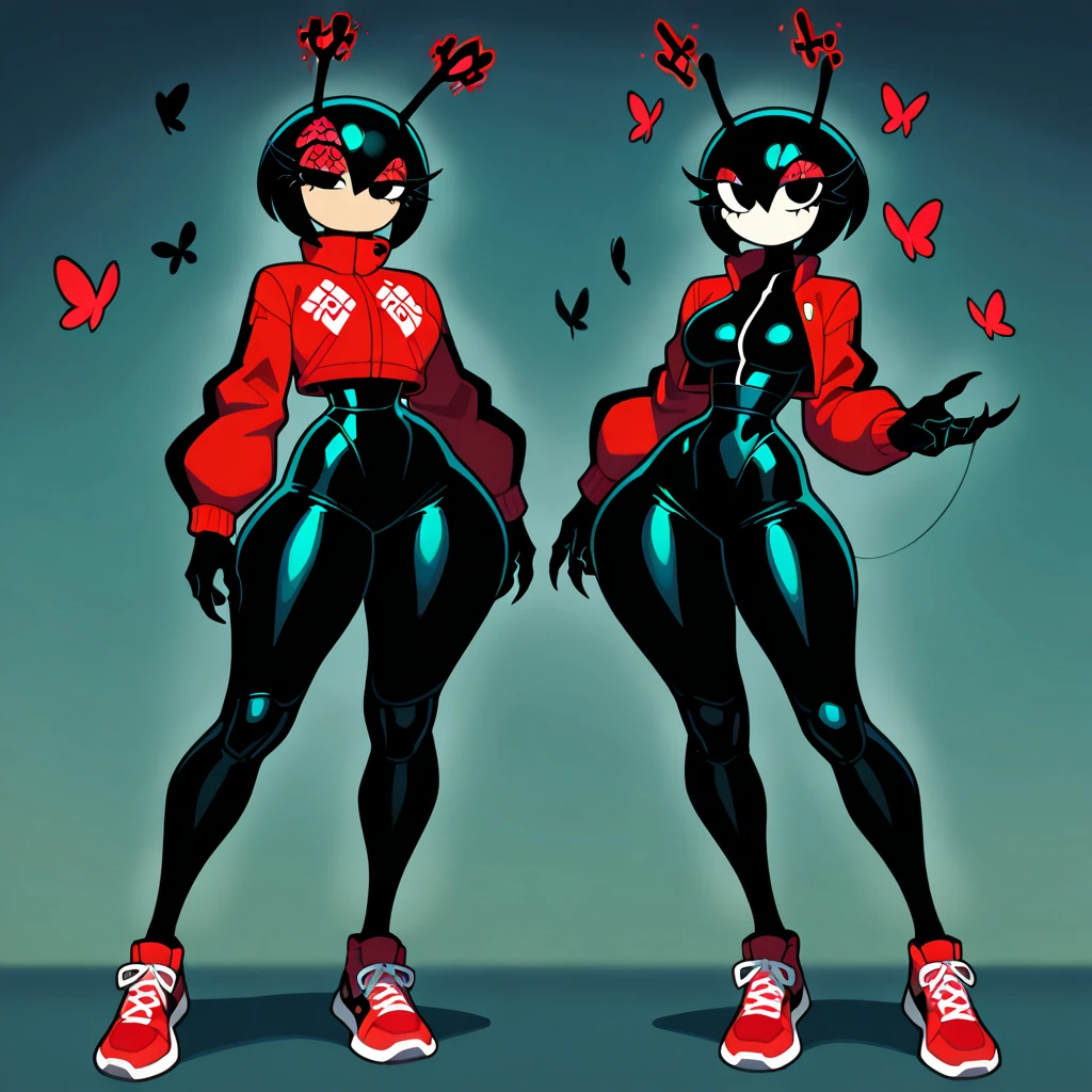 Full body image of Mavis Dracula from Hotel Transylvania, full body in image, wearing her original outfit (black dress with red and black striped tights and red Converse sneakers), short black hair, female body, slender and youthful body, dynamic pose, detailed pose, simple background, expressive face showing a cheerful smile, focus on face, line art, sketch