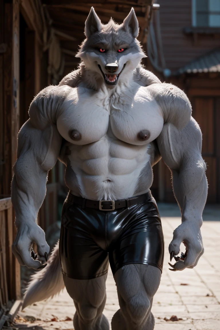 White wolf muscular looking at the camera And Hairy 