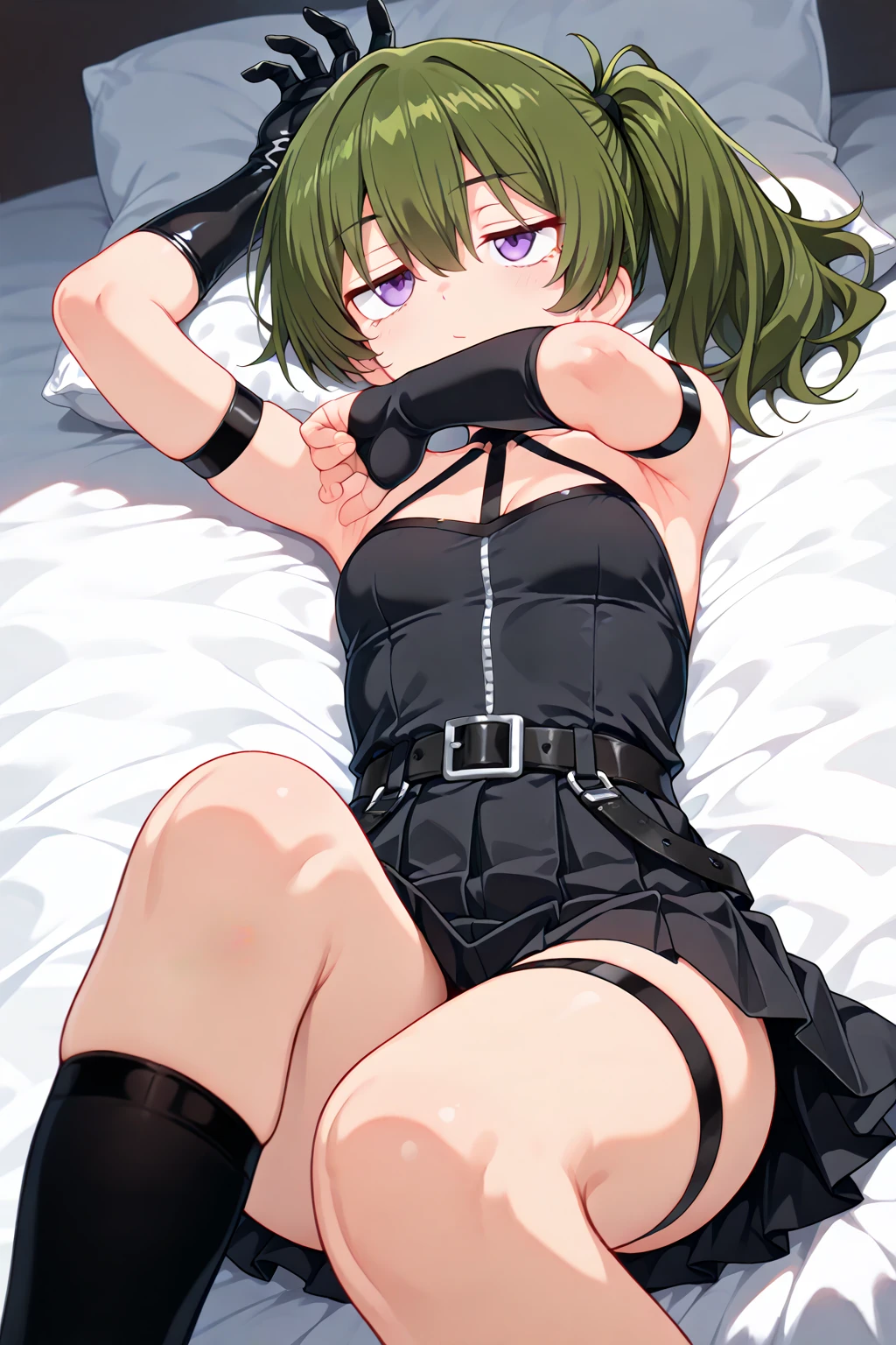 athletic bloomersnsfw、cameltoe、black kneehighs、black frilled panties cameltoe、large areolae、large breasts、pointy breasts、aroused、green hair、pink eyes、1 girl nsfw、short hair、aroused、lolita hairband、on the bed、lying on back、open legs、pussy、spread pussy nsfw