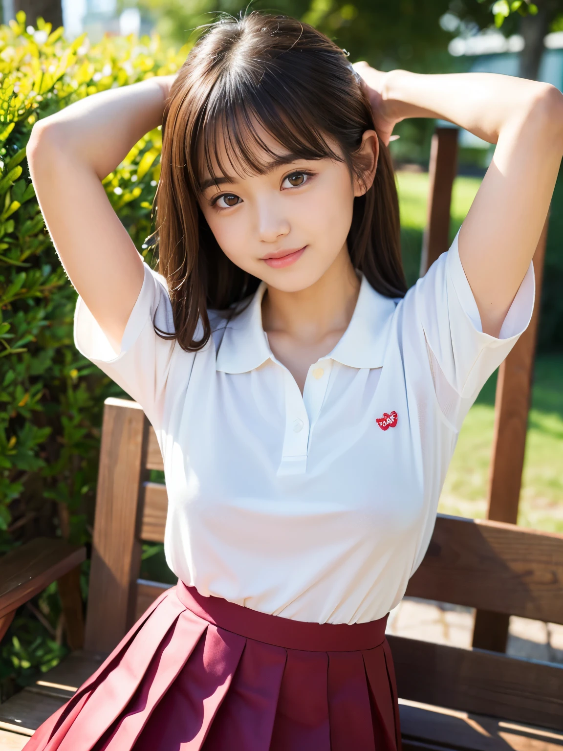 8k,Japanese,10 years old,Innocent face,Teenage Girl,cute,Random color plain t-shirt,Casual wear,Sitting,Black Hair,garden,Hair Clip,