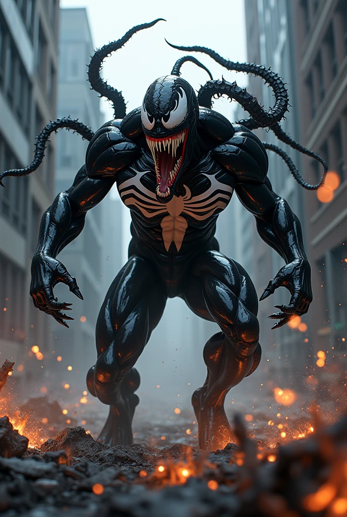 "Draw a terrifying being that combines madness and malice。Venom and the Joker combined、His whole body is covered in a jet black symbiote.、A manic joker smile is etched on his face。The sharp fangs shine eerily、poison々Her bright green hair flows in waves.。The eyes are dyed crimson、It has such an eerie look that you can almost hear the laughter.。The long tongue stretches out like a snake、Its sharp, bloody claws look ready to tear apart its prey.。In the background、A ruined gothic city spreads out、The scene depicts a raging fire and blood stains.。Symbolizes the destruction and madness that this creature&#39;s presence causes.、Make sure you convey an overwhelming sense of fear。"