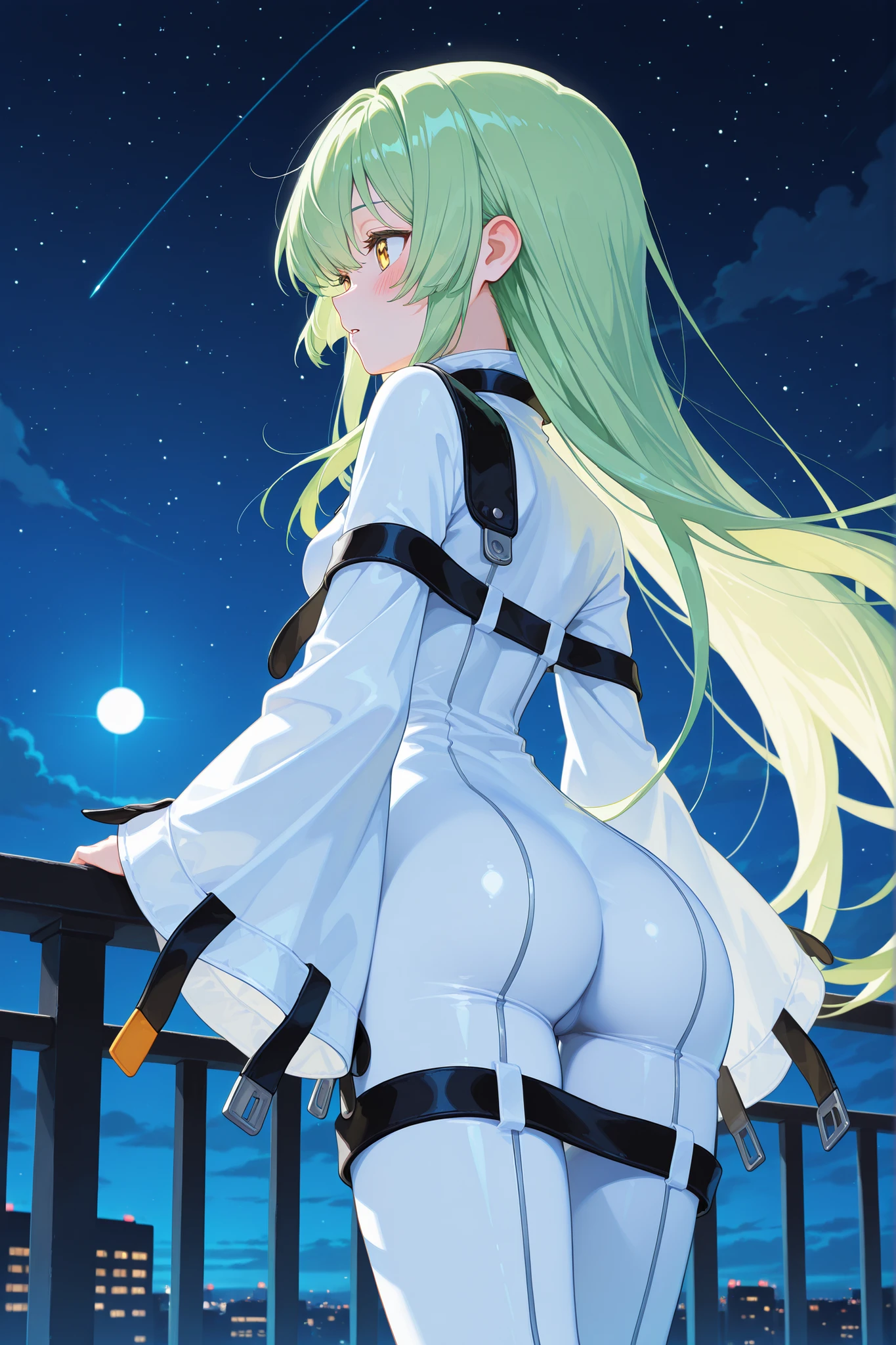 score_9, score_8_up, score_7_up, score_6_up, source_anime, 1girl, solo, cgcc, green hair, very long hair, yellow eyes, white bodysuit, straitjacket, black straps, wide sleeves, small breasts, looking at you, from behind, is, looking at you, blush, parted lips, night sky, moonlight railing, balcony