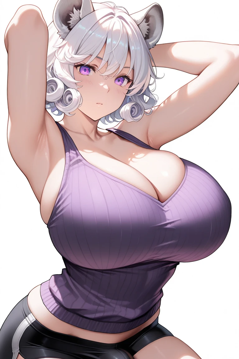1girl,solo,huge breasts, siriusrose,standing,cowboy shot, purple ribbon, outdoors,cityscape, hand on own chest, light smile, blush,