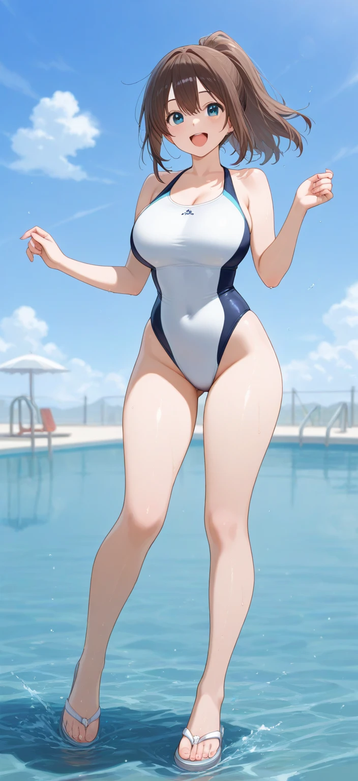 (High level image quality、high quality、High resolution、detailed、masterpiece)、smiling or shy face、(or short cut blonde hair)、(thin or chubby body)、(big breasts)、(high leg swimsuit)、(feetを開く)、,blush,focus on legs,,feet,feet focus,focus on legs,2本feet,2feet,sweating,vapor,black hair,(from below),(underboob),big breasts,(High level image quality、high quality、High resolution、detailed、masterpiece)