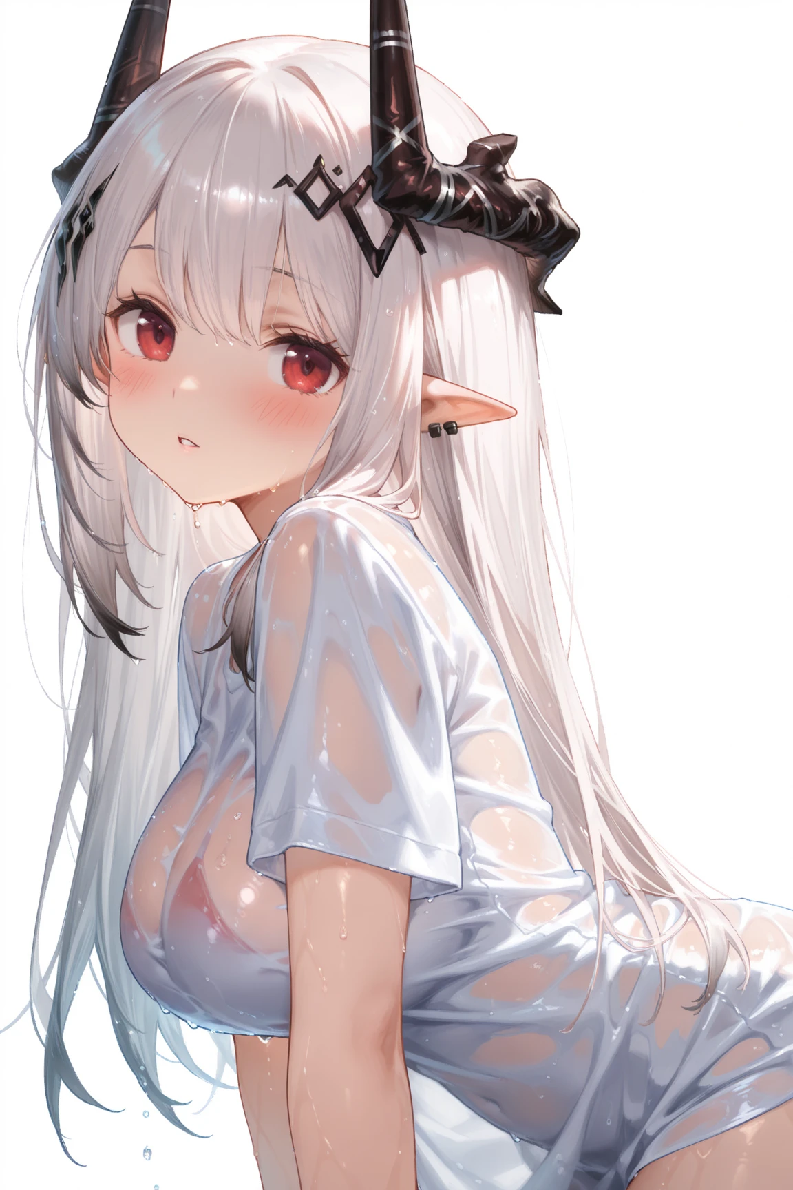 best quality,highly detailed,masterpiece,ultra-detailed,1girl,(white background),simple background,Delicate eyes,emilia_\(re:zero\),silver hair, purple eyes,hair_ornament, big breast, (off-shoulder shirt:1.3),long hair,pointy_ears,crown_braid,expressionless,Straight hair,(++sitting:1.2),