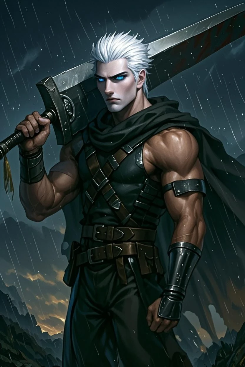 Create 1 wizard man, with sword, from The Witcher universe, strong, young, handsome, short black hair shaved on the side(dark hair), straight face without hair on the face(no beards), white skin, full body, beautiful, 8k quality, realistic, detailed face, realistic, well detailed eyes(realistic eyes) muscular
