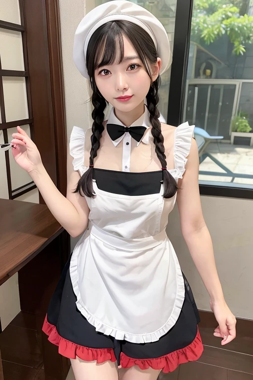 promo photo, The place is a seaside cafeteria,1 girl, 16-year-old face, waitresses, Red-headed twin-tailed, Gentle face, Gothic Lolita half costume and maid costume with strawberry image, Clothes based on white,
