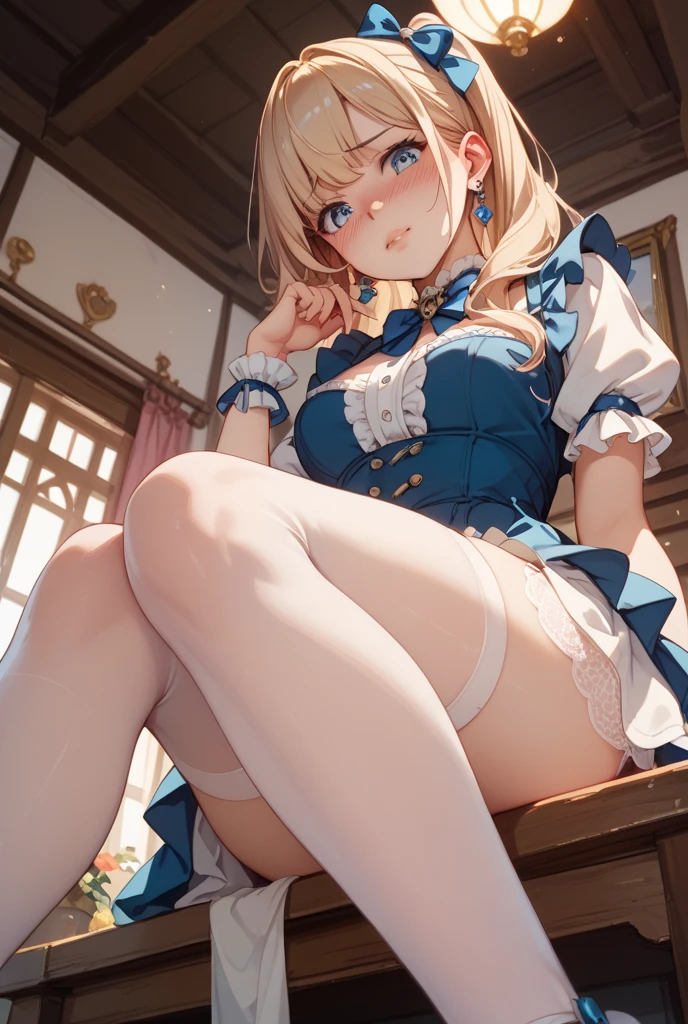 A blue eyed 12 year old girl with a cute blonde wavy headband sits naked with her legs spread wide showing her ass, anus, pussy and small nipples.。I don't wear any underwear。A pose where you can be seen from below。are small。Pose that shows your anus。pussy and anus are spread。Spreading legs with both hands。SEX。NFSW