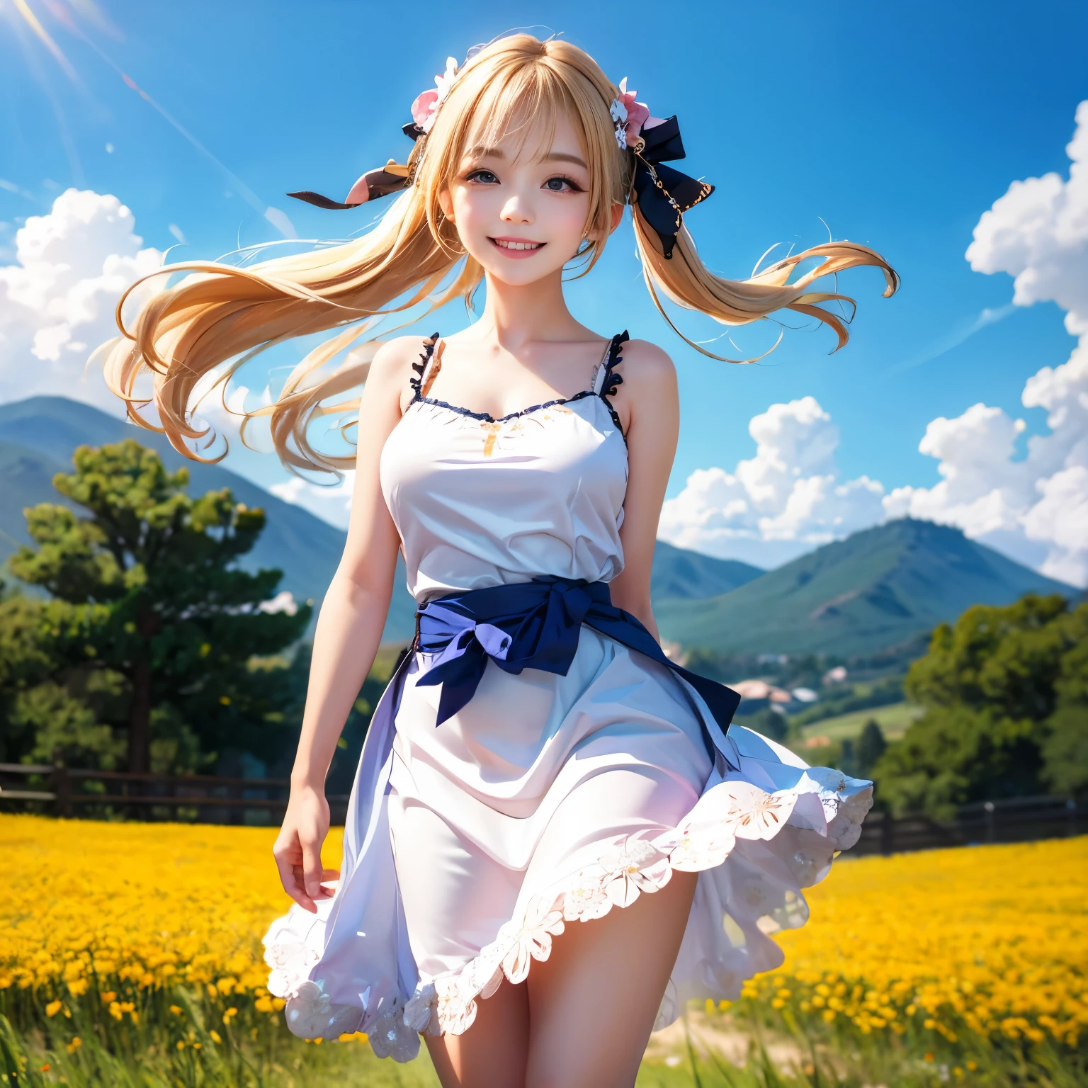 {Charming anime girl with wavy, light brown hair adorned with white floral accessories and a navy blue hat with golden accents, her bright blue eyes sparkle with delight:0.9}, {She wears a whimsical sailor dress in pristine white with navy blue and golden trim, a large bow with a cross motif at the collar, and a decorative blue sash around her waist. The outfit is embellished with intricate gold detailing and small charms, evoking a sense of enchantment:0.8}, [Set against a serene, early evening sky with gentle hues of blue and orange merging at the horizon, over a vibrant meadow blooming with white daisies, creating a peaceful and idyllic setting:0.7}, {The artwork is rendered in a clear and vivid anime style, capturing the soft textures of her hair and the delicate fabric of her dress, while the background blends a painterly touch to emphasize the magical, almost storybook quality of the scene:0.9},
{The overall composition is bright and airy, with a focus on high dynamic range that accentuates the light filtering through her hair and the reflective qualities of her eyes, enhancing the youthful and optimistic aura of the character:0.8}
