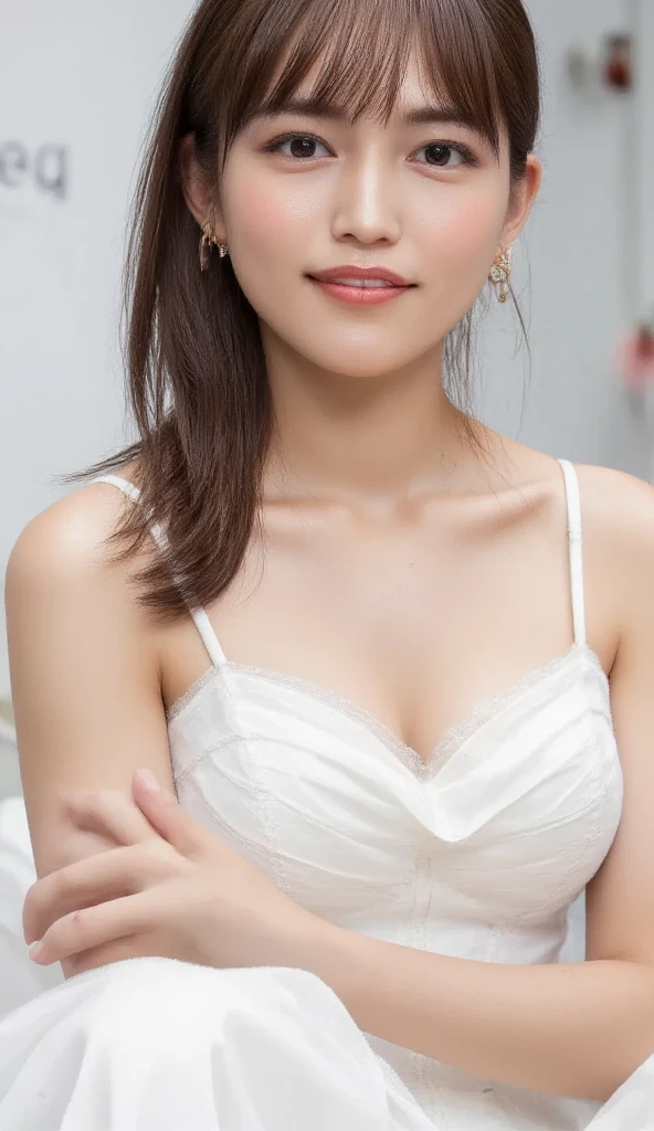 a mature actress, long hair，gravure printing, bright environment, (((sharpen))), Surrealism, {{{on the table}}}, {{{best quality}}}, {{super detailed}}, {{extremely delicate and beautiful}}, Eyes are moist, Very detailed, ((natural skin color)), fancy makeup, red lipstick, ((milf)), milf, ((on the table)), top quality, High level of image quality,16k, (The focus is on the chest), (a sexy girl), ((staring at this)),(((Sexy white lingerie)))，((Excited and satisfied smile))，((laughing out loud))，