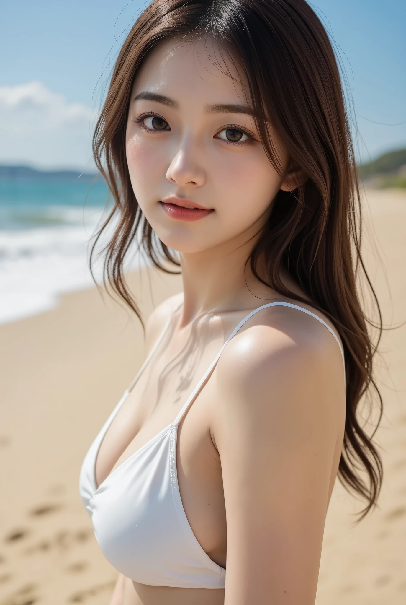 masutepiece, Best Quality, Illustration, Ultra-detailed, finely detail, hight resolution, 8K Wallpaper, Perfect dynamic composition, Beautiful detailed eyes , the beach, Sexy face,Face feeling ecstasy,Face at the peak of sexual arousal,face of a woman feeling ,beauty legs,